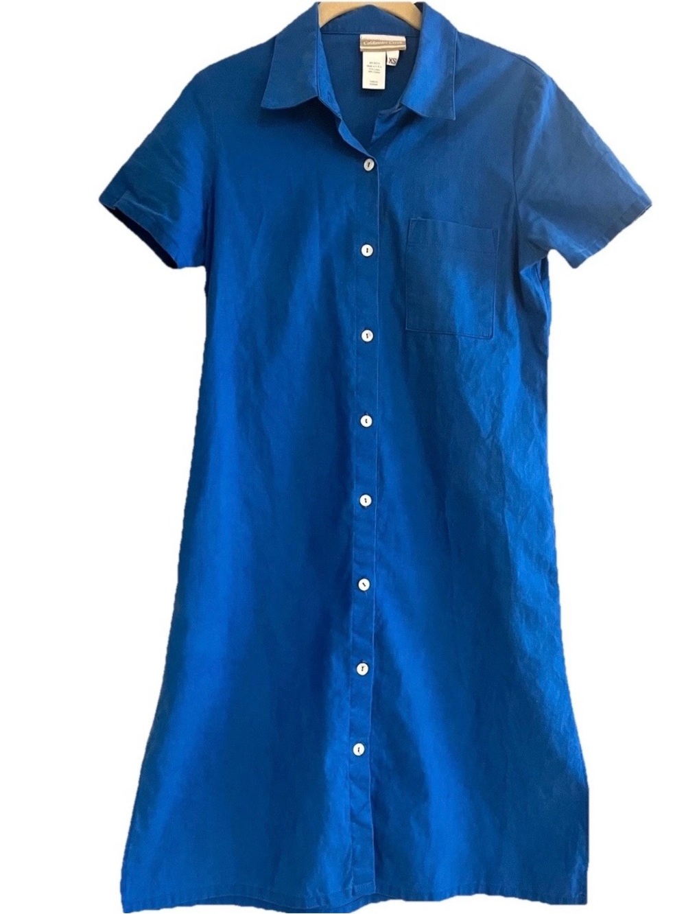 Coldwater Creek Shirt Dress XS Linen Cotton Blend Blue Shell Buttons Pockets